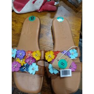 Mariella Made in Italy Floral Slide Sandals Leather Boho Colorful Brown 8